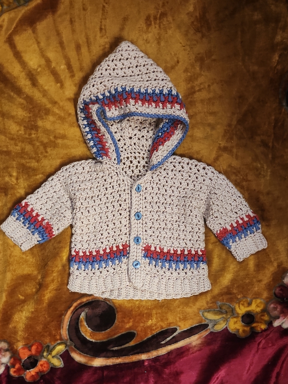 SALE 💵🏃‍♀️💨 Handmade Cream Crochet Baby Hooded Cardigan w Red & Blue Accents